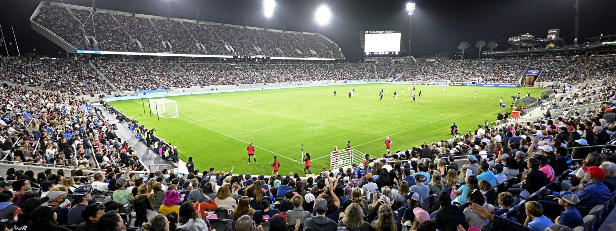 SAN DIEGO, CA - SEPTEMBER 17: Fans cheer during the first half of an NWSL womens soccer game between the Angel Ctiy FC and the San Diego Wave FC September 17, 2022 at Snapdragon Stadium in San Diego, California. (Photo by Denis Poroy/Getty Images)